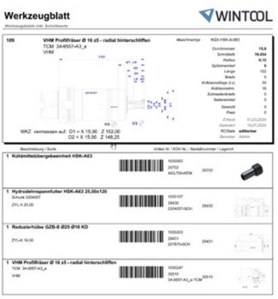 WINTOOL tool data sheet – custom milling tool WINTOOL tool data sheet – custom milling tool